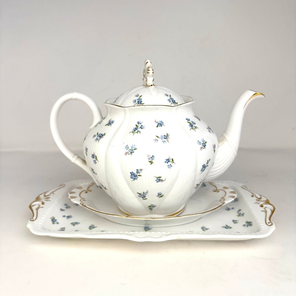 Royal Albert Blue Heaven Teapot Bone China Blue Floral Gold Trim 2 Trays Vintage